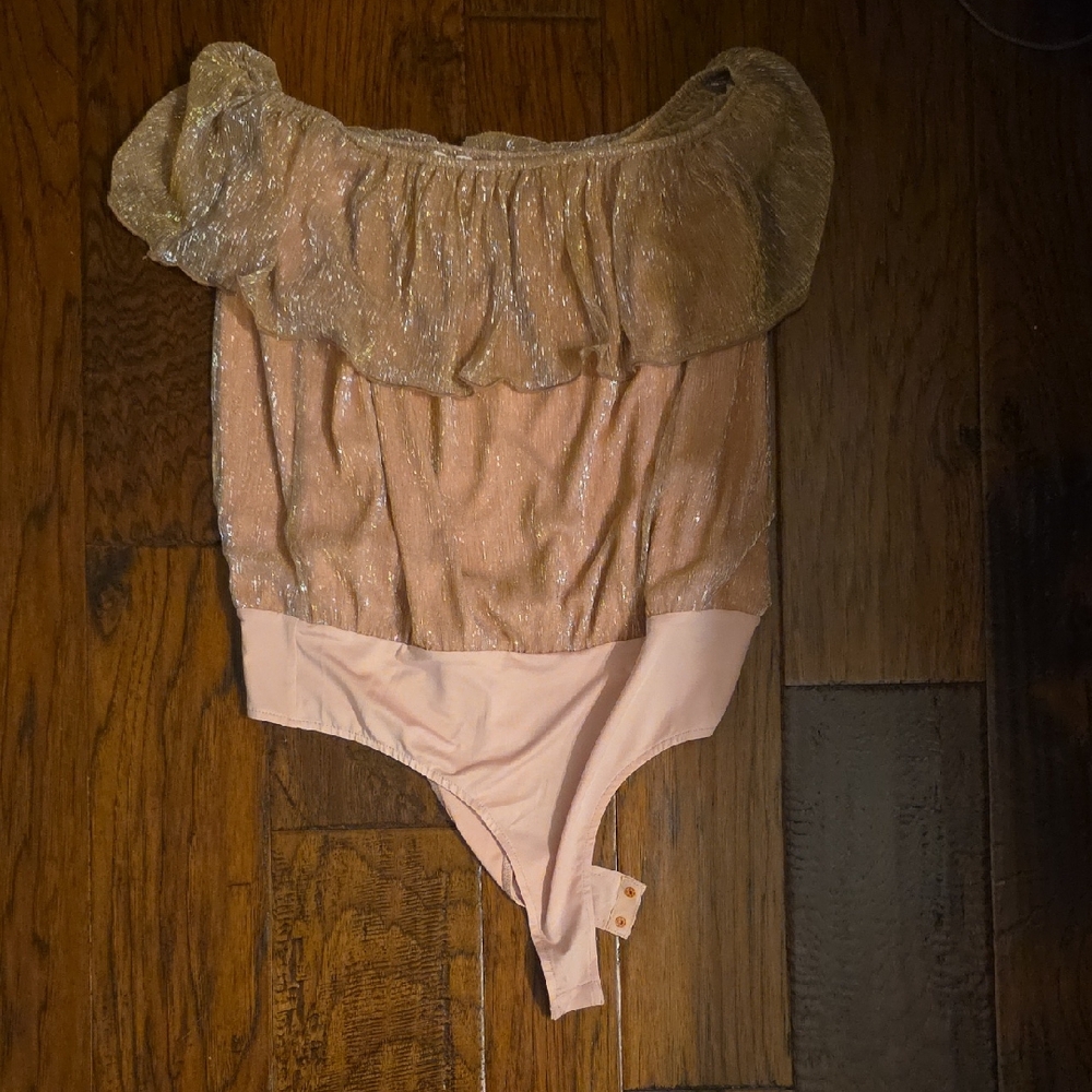 Pink Lily Gold and Pink Off-Shoulder Bodysuit